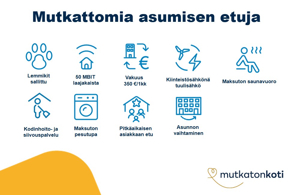 Etukuvake: Mutkattomia asumisen etuja. Lemmikit sallittu, 50mbit laajakaista, vakuus 350€ tai 1 kk vuokra, kiinteistösähkönä tuulisähkö, kodinhoito- ja siivouspalvelu, asunnon vaihtaminen, pitkäaikaisen asiakkaan etu. Mutkaton koti -logo.